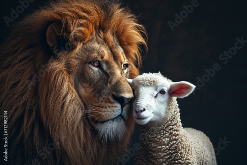 A lion and a lamb close together  symbolizing peace and harmony  set against a dark background.