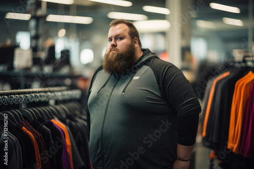 
Photo of a portly man in a clothing store, looking disheartened at fitness apparel, with blurred racks of clothes photo