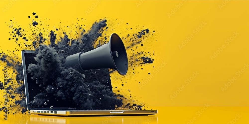 A laptop with a megaphone on a yellow background with black graphic accents suggesting sound and impact. - obrazy, fototapety, plakaty 