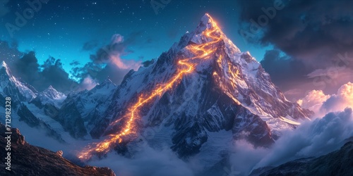 Snowy mountain peak with a winding path illuminated by a glowing light under a night sky.