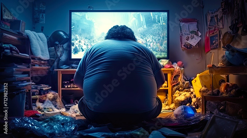 Print op canvas Television addicted oversized man sitting in his living room