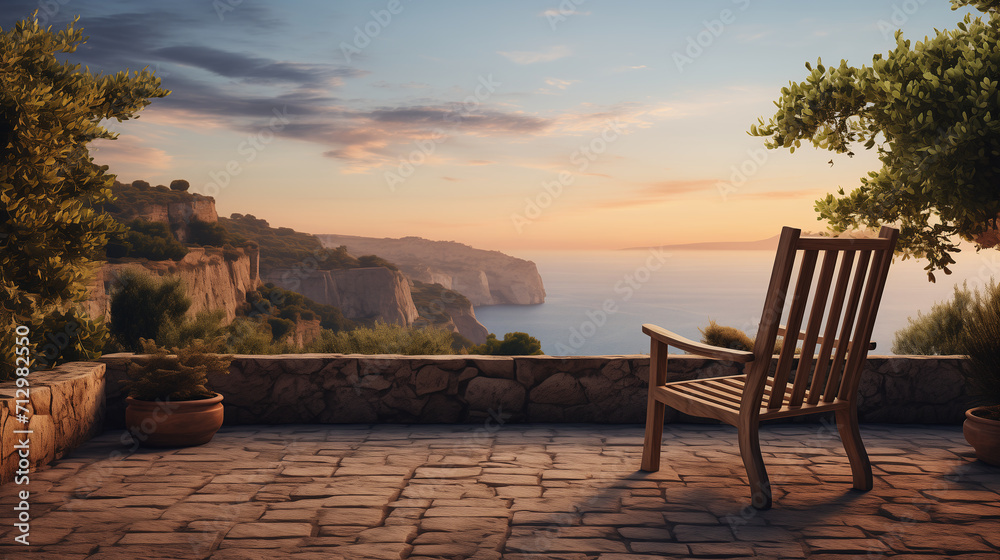 Empty chair in a terrace of a cottage in beach town, face to beautiful sea sunset landscape view. Poster, Banner. Vacation and tourism concept
