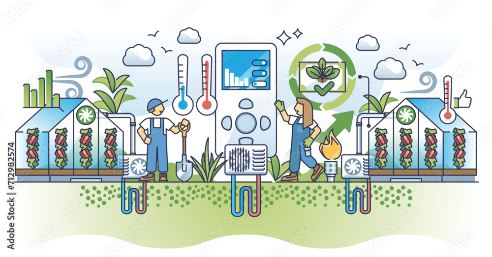 HVAC services for effective greenhouses air flow automation outline concept. Agriculture automation with smart and innovative temperature and humidity control vector illustration. Precise growing. HVAC services for effective greenhouses air flow automation outline concept. Agriculture automation with smart and innovative temperature and humidity control vector illustration. Precise growing.