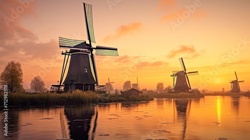 Windmills near water canal at sunset. Postproducted generative AI illustration.