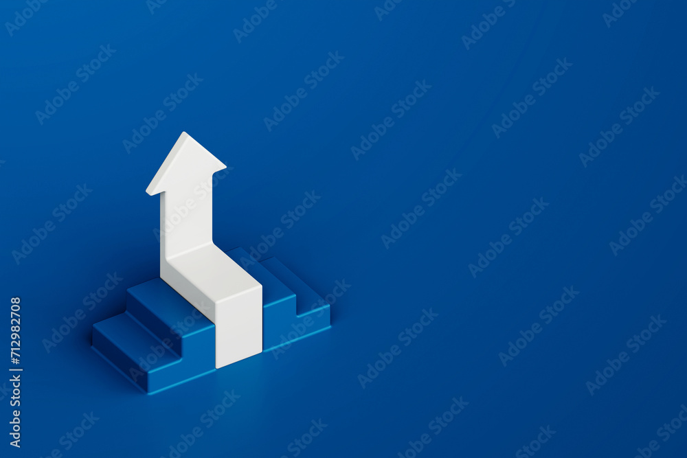 White arrow with stair on blue background, business way concept, minimal style, 3d rendering