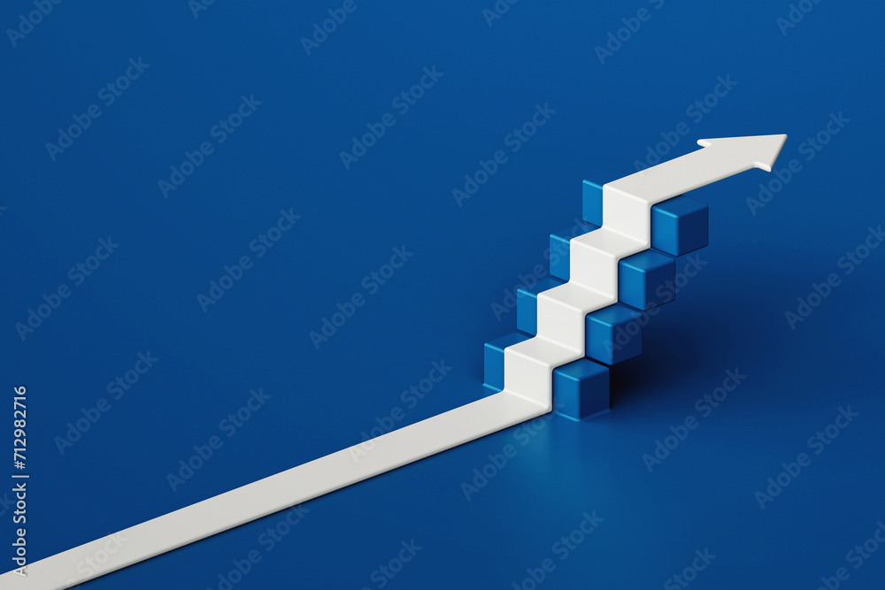 White arrow flowing on step stair with blue background, business way concept, minimal style, 3d rendering