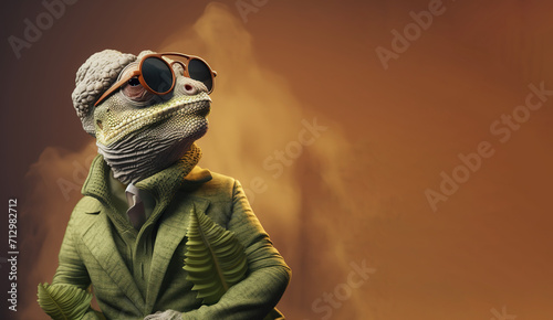 A chilled out chameleon wearing shades enjoing hemp photo