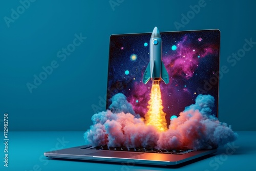 An open laptop with vibrant graphics of a rocket launch emerging from the screen on a blue background.