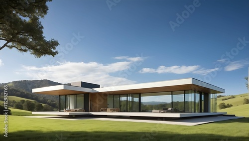 A modern, minimalist home with sleek lines and large windows, set against a backdrop of rolling hills and a bright blue sky. generative AI © Zohaib