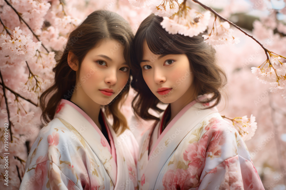 Photograph of female twins, 25 years old, Japanese, in traditional kimonos in a cherry blossom garden