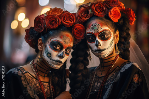  Photograph of female twins, 27 years old, Mexican, in traditional dresses at a Day of the Dead celebration