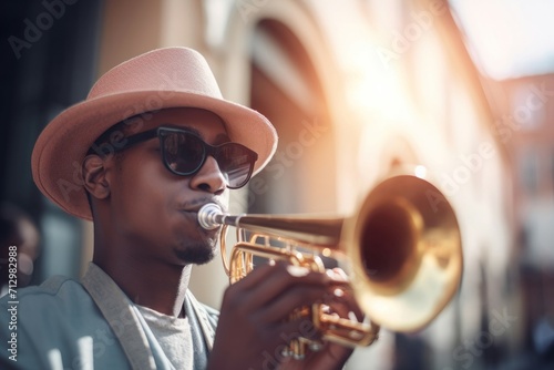 Trumpet man with trumpet instrument. Handsome male musician playing trumpet on street. Generate ai