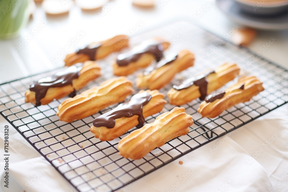 eclairs with chocolate glaze on a cooling rack eclairs with chocolate glaze on a cooling rack