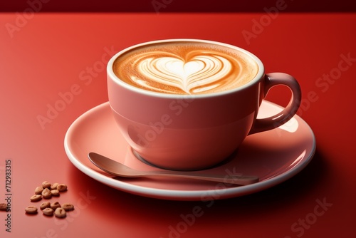 Coffee Cup with Heart-Shaped Foam, on an isolated Romantic Red background, Generative AI