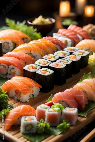sushi platter, close-up, highly detailed, variety of fresh salmon sushi rolls, vibrant colors, succulent sashimi,