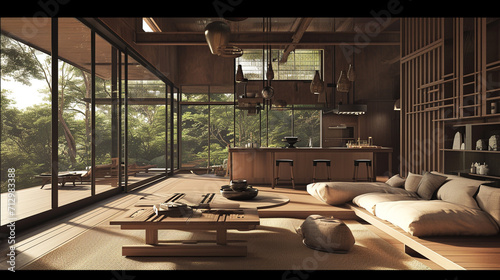 Discover serene Japandi Wabi-Sabi and Modern Japanese-inspired living room interiors. Ai Generative