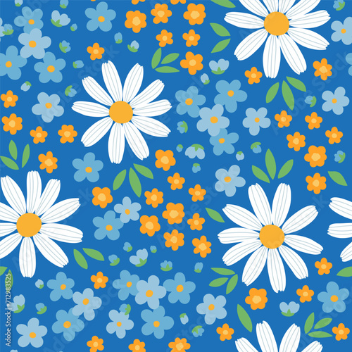 Seamless pattern of tiny stylized doodle flowers on blue background. Vector hand drawn illustration