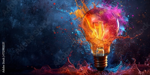 Artistic representation of a light bulb with colorful flames and splashes on a dark background.