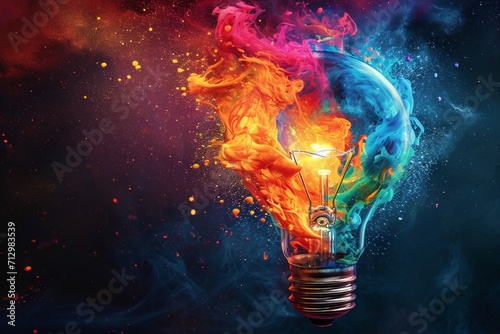 Artistic representation of a light bulb with colorful flames and splashes on a dark background. © ParinApril