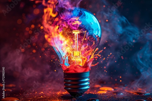 Artistic representation of a light bulb with colorful flames and splashes on a dark background.