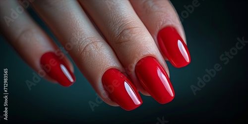 Close up of a hand with red polished nails over a dark background.