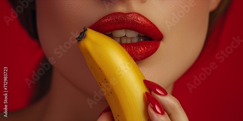 Close up of red lips with red nail polish holding a banana on a red background.