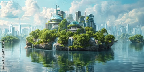 Futuristic floating island with renewable energy sources and urban buildings.