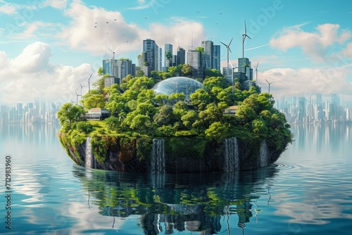 Futuristic floating island with renewable energy sources and urban buildings.