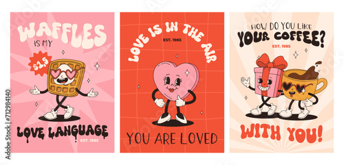 Valentine's Day set of vintage posters. Happy and cheerful retro mascots. Old animation 50s 60s 70s, groovy cartoon characters of coffee sweets and hearts, donut, cupcake, espresso, latte, present