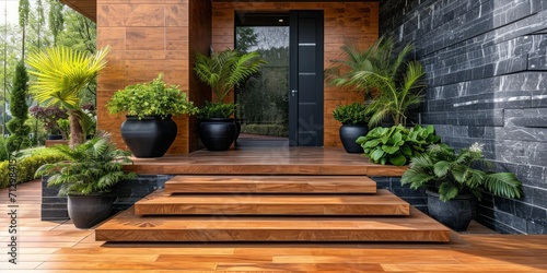 Modern house entrance with wooden steps and potted plants.