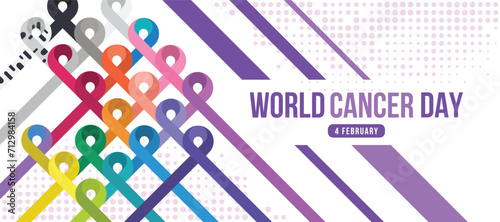 World cancer day text and set of ribbons of different colors against cancer cross to cross on dot texture background vector design