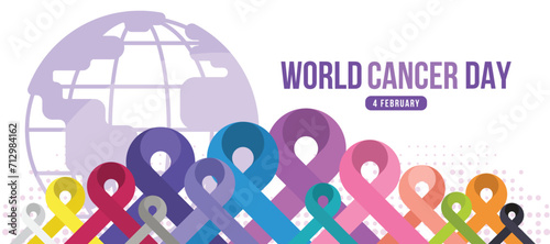 World cancer day Set of ribbons of different colors against cancer and globe sign on floor with dot texture background vector design