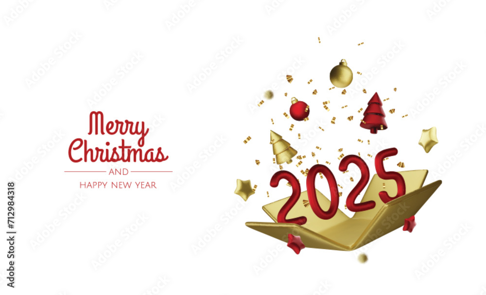 2025 Happy New Year. Realistic gift box Golden metal number. 3d render