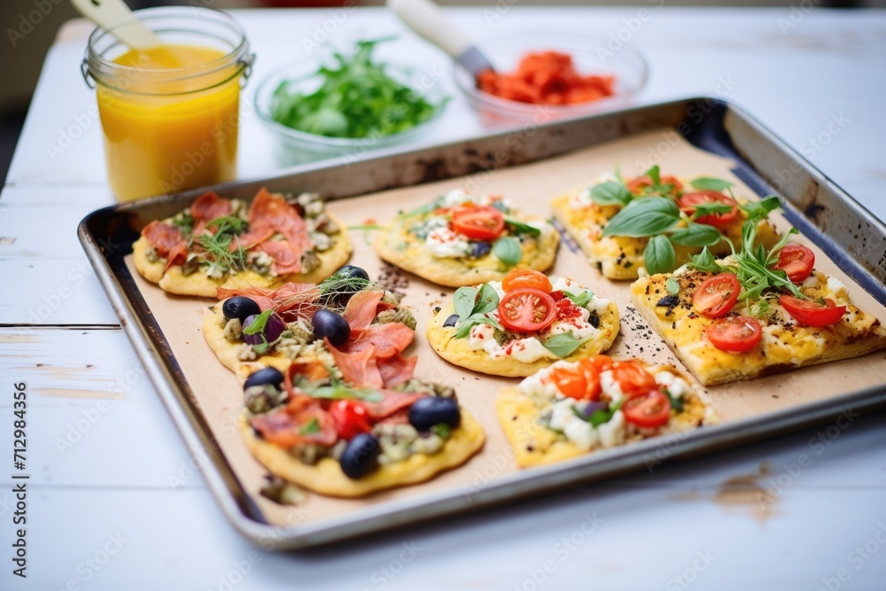 baking tray with mini focaccia loaves and assorted toppings baking tray with mini focaccia loaves and assorted toppings