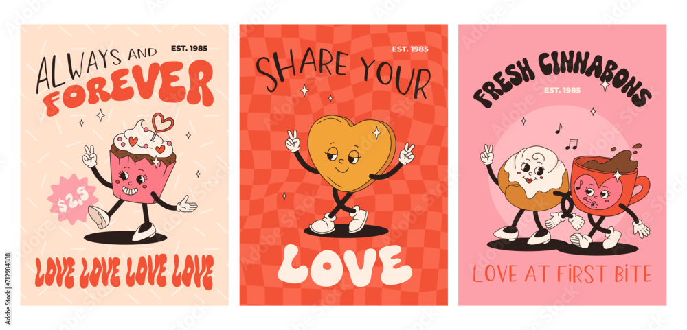 Obraz premium Valentine's Day set of vintage posters. Happy and cheerful retro mascots. Old animation 50s 60s 70s, groovy cartoon characters of coffee sweets and hearts, donut, cupcake, espresso, latte, present