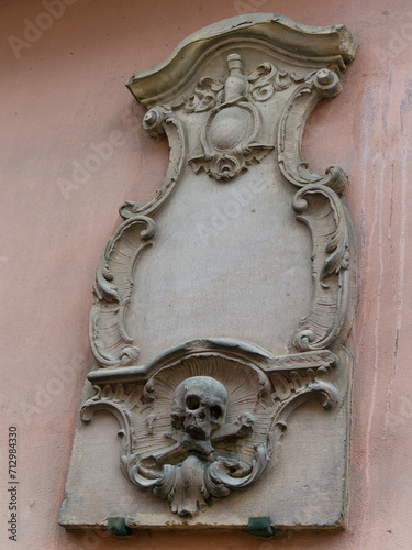 Skull decoration in a church wall in Strasbourg