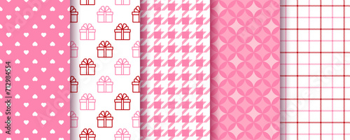 Pink seamless pattern. Valentine's day background. Prints with heart, gift box and check. Set of girly love textures. Collection romantic wrapping paper. Vector illustration. Backdrop for scrapbooking