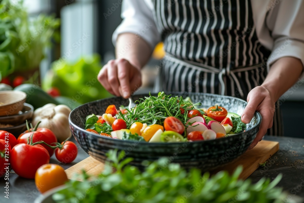 closeup of a chef preparing a huge mixed salad closeup of a chef preparing a huge mixed salad
