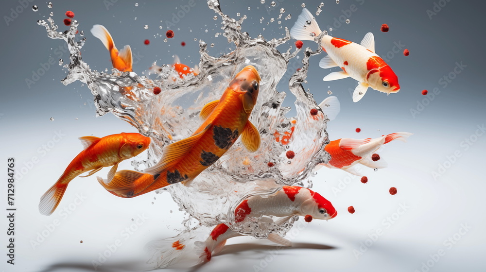 Koi fish eating food in water splash. AI Generative.