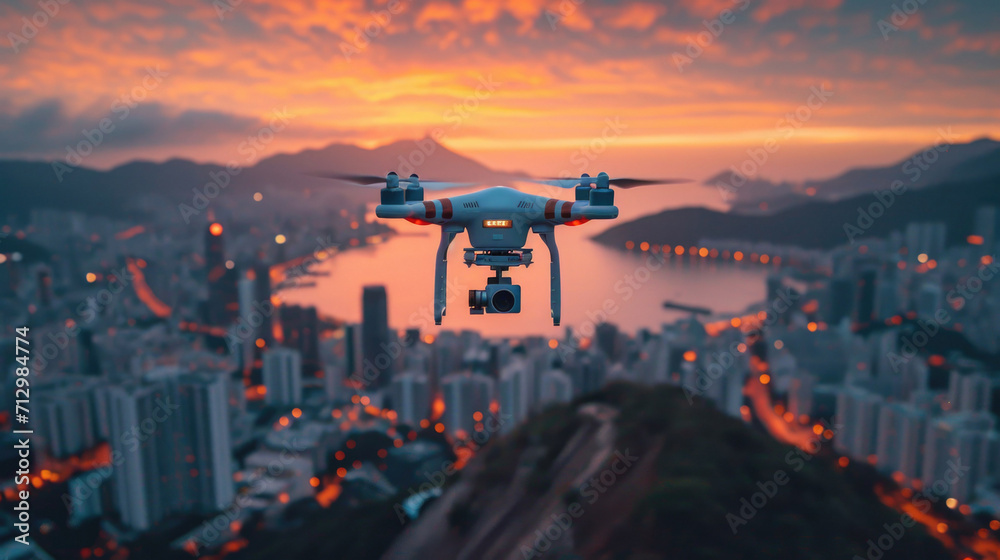 Drone quad copter with high resolution digital camera flying aerial over spectacular sunset orange sky