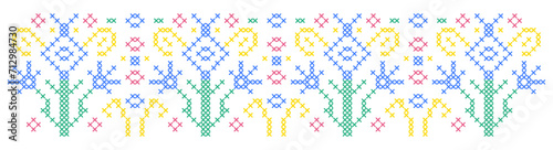 Pattern with flowers in cross stitch style on white background.