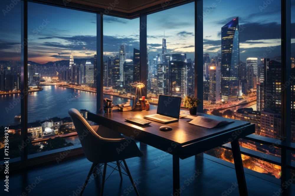 Obraz premium Home office setup with a view of the city skyline, where remote work meets the urban environment, Generative AI