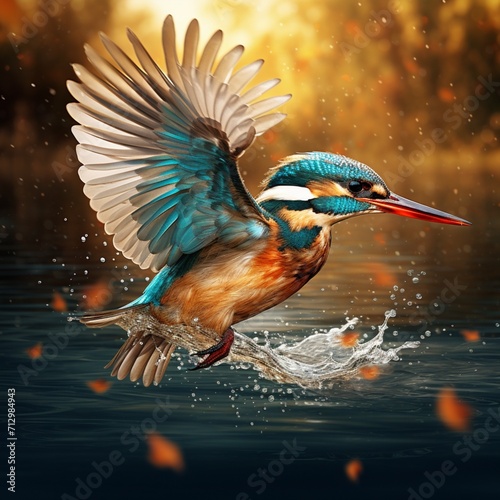 Kingfisher over water flying image Generative AI © MiltonKumar