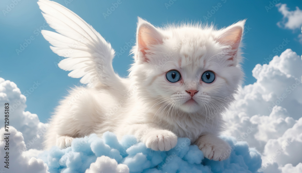 Fototapeta premium Cute little white kitten on fluffy cloud. AI generated