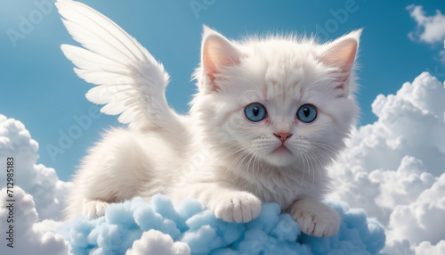 Cute little white kitten on fluffy cloud. AI generated