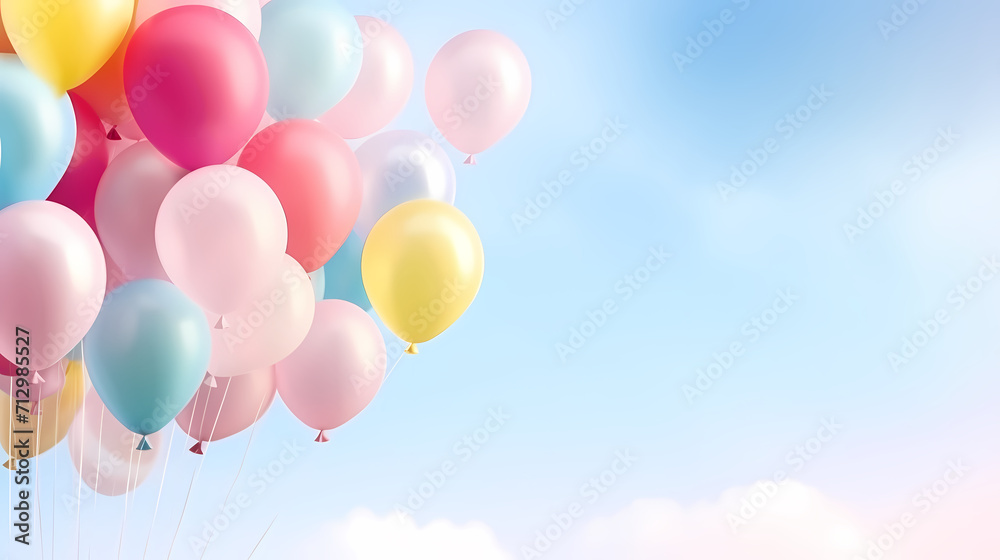 Children's birthday background with many balloons in pastel tones