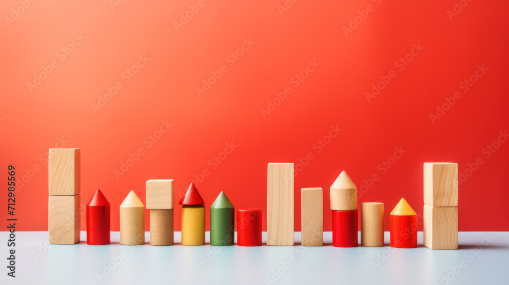 An arrangement of colorful wooden blocks in various shapes on a bright red background. An arrangement of colorful wooden blocks in various shapes on a bright red background.