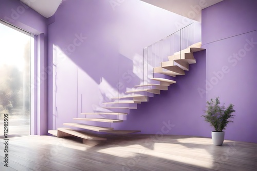 Sunlit minimalist floating staircase in a tranquil lavender interior, casting soft shadows in a modern living space filled with natural light. © Awais