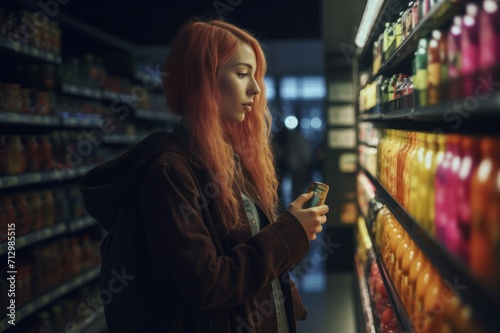 Woman comparing products in shop. Female consumer choosing in grocery store. Generate ai