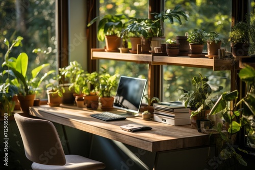 Home office with natural light and greenery, creating an inspiring and sustainable workspace for hybrid work, Generative AI